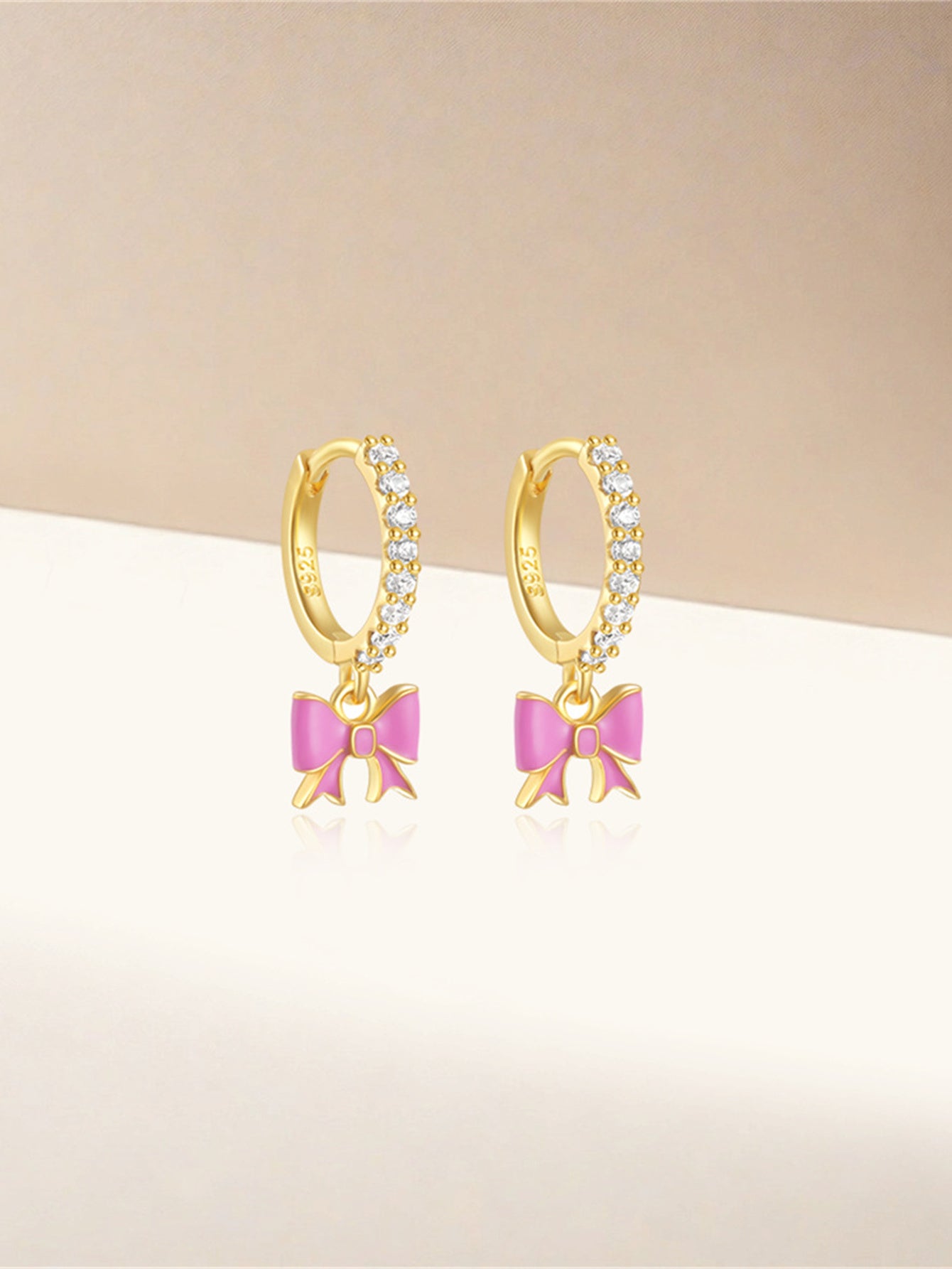 925 Sterling Silver Pink Bow Zircon Hoop Earrings