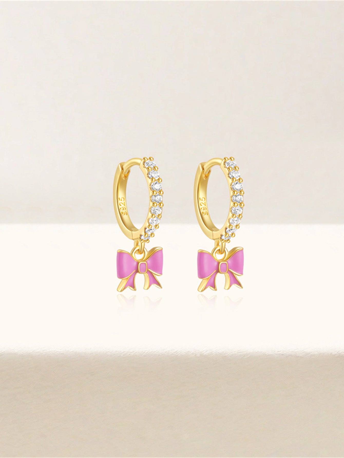 925 Sterling Silver Pink Bow Zircon Hoop Earrings