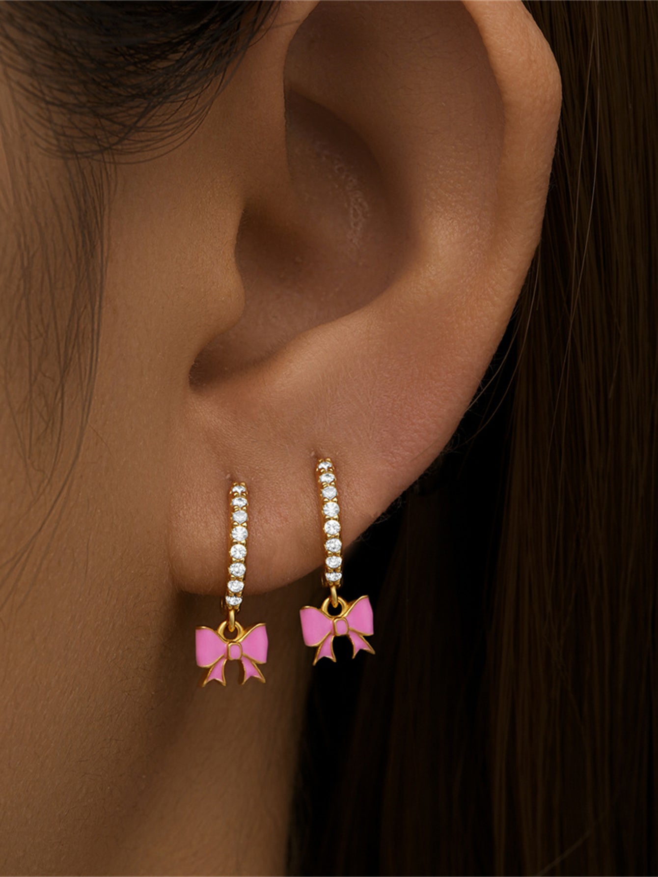 925 Sterling Silver Pink Bow Zircon Hoop Earrings