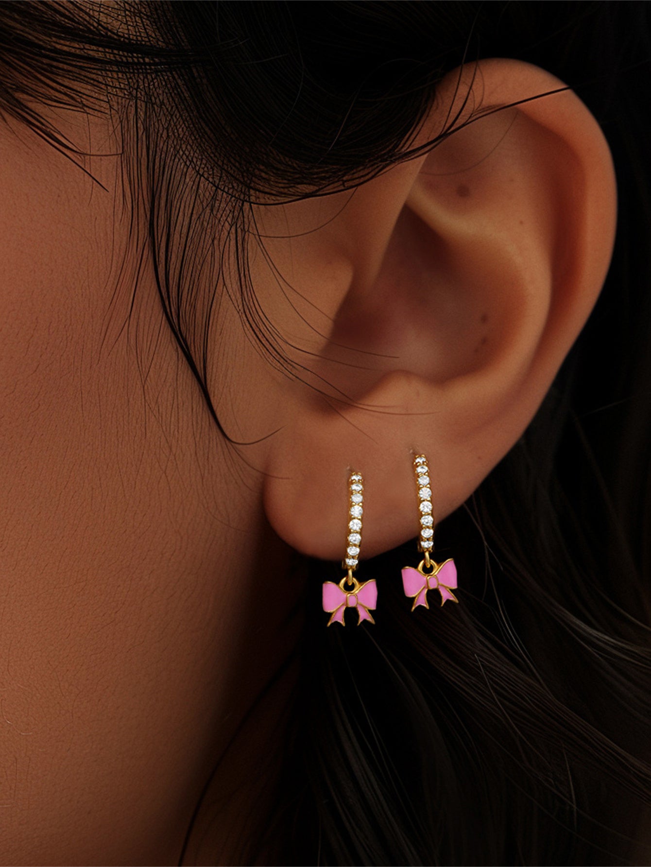 925 Sterling Silver Pink Bow Zircon Hoop Earrings
