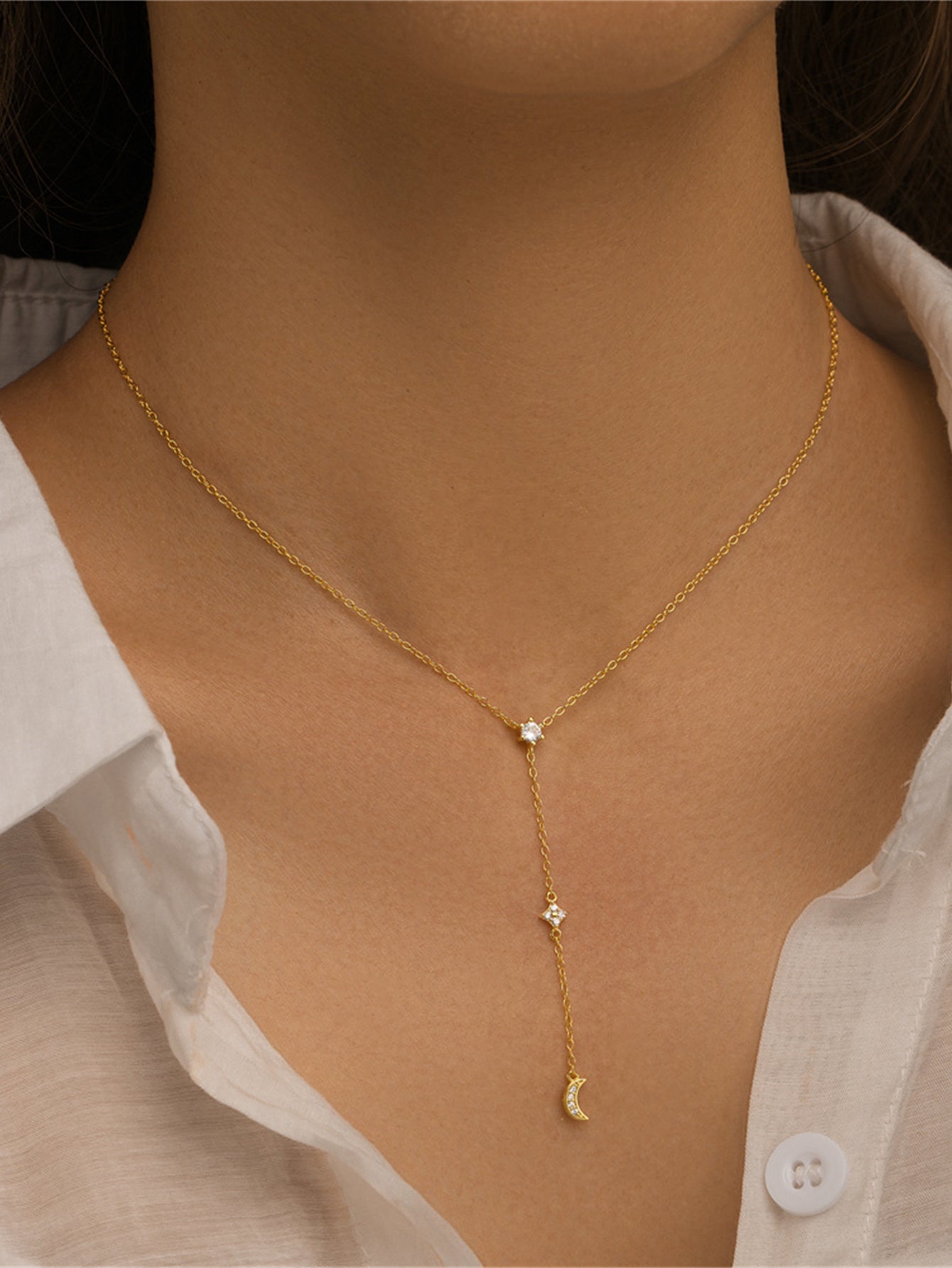 925 Sterling Silver Moon & Star Drop Necklace