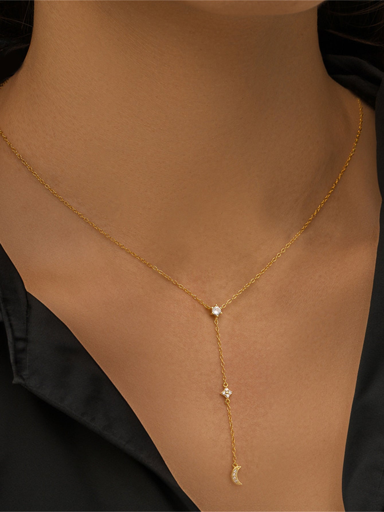925 Sterling Silver Moon & Star Drop Necklace