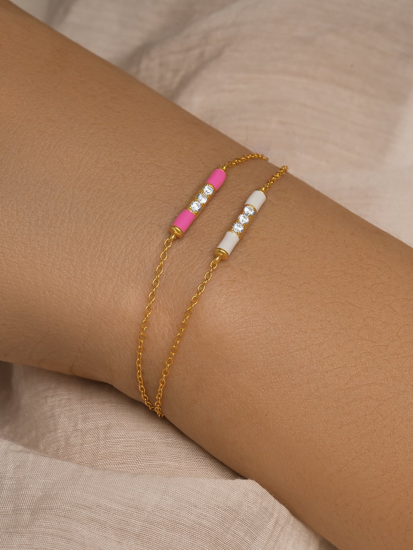925 Sterling Silver White Enamel Zircon Chain Bracelet