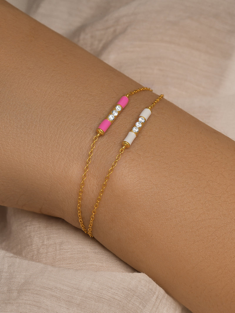 925 Sterling Silver White Enamel Zircon Chain Bracelet