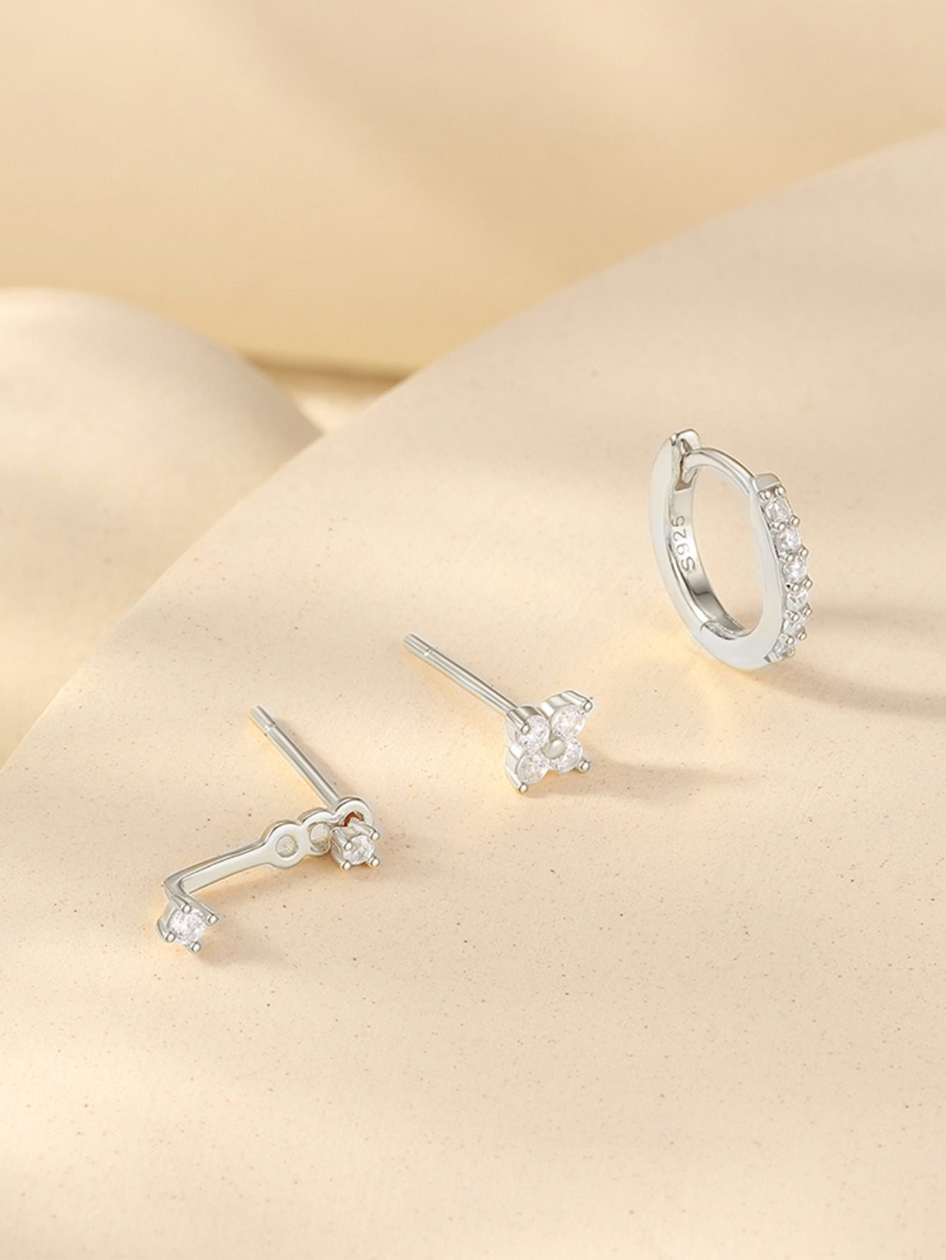 925 Sterling Silver Asymmetrical Zircon Hoop & Stud Earring Set