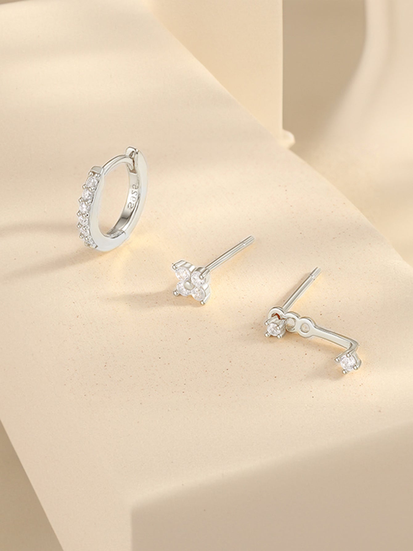 925 Sterling Silver Asymmetrical Zircon Hoop & Stud Earring Set