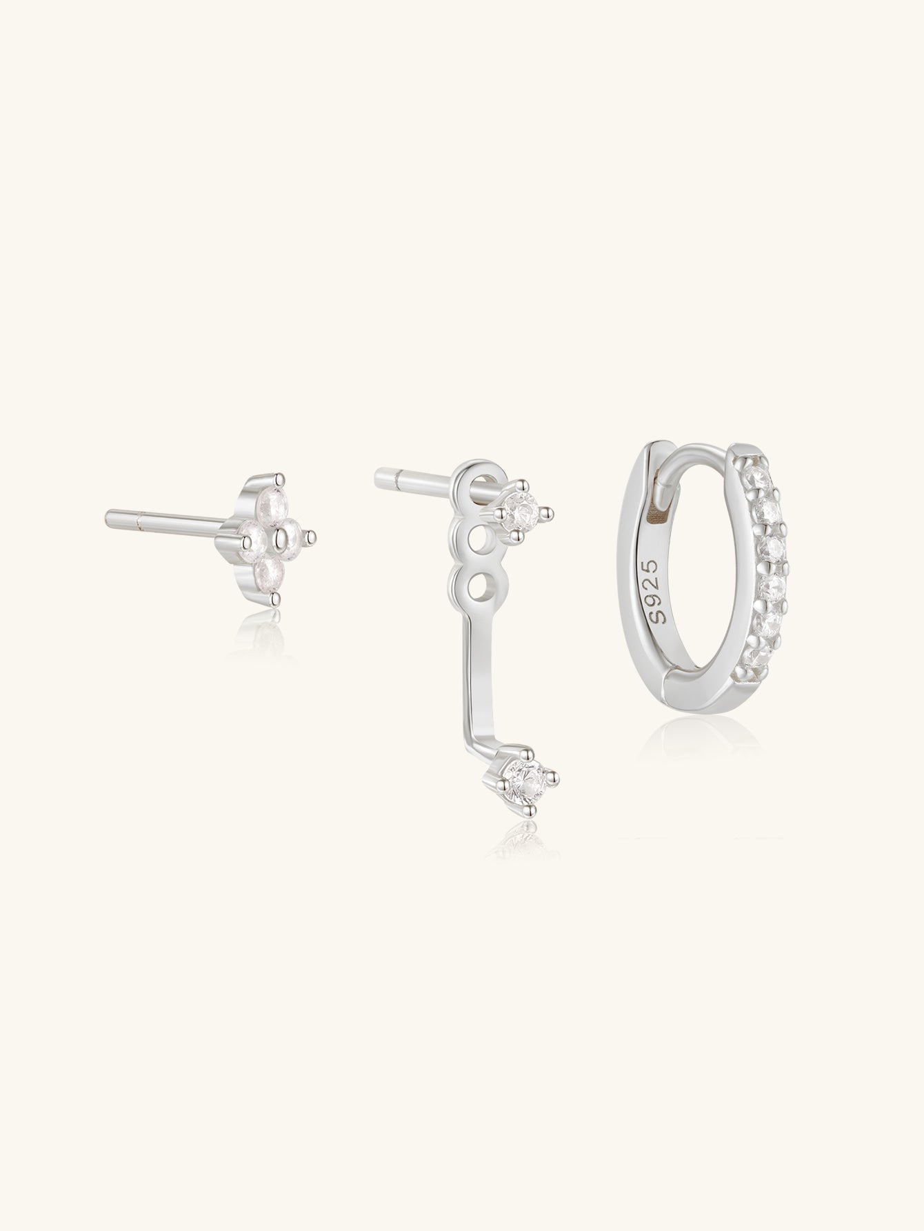 925 Sterling Silver Asymmetrical Zircon Hoop & Stud Earring Set