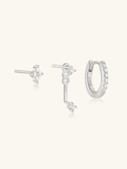 925 Sterling Silver Asymmetrical Zircon Hoop & Stud Earring Set