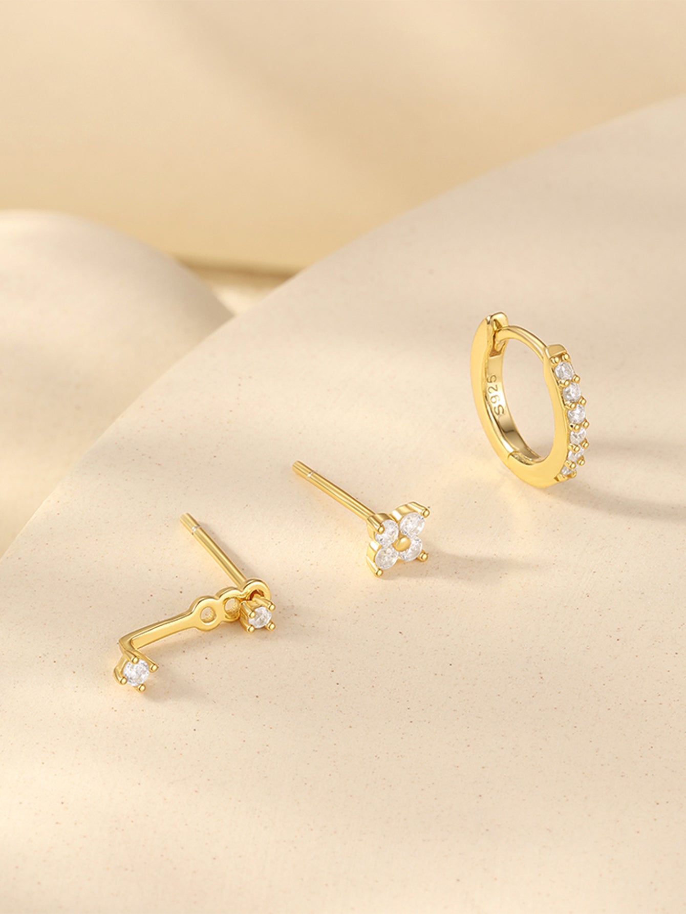 925 Sterling Silver Asymmetrical Zircon Hoop & Stud Earring Set