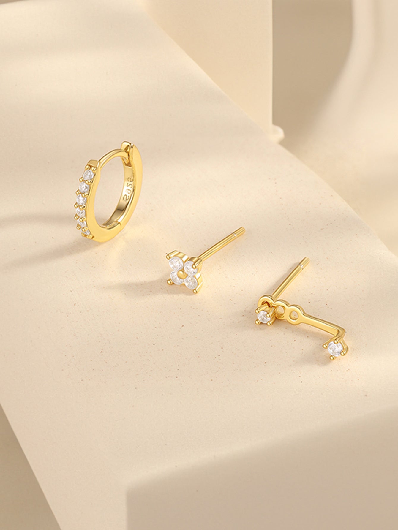 925 Sterling Silver Asymmetrical Zircon Hoop & Stud Earring Set