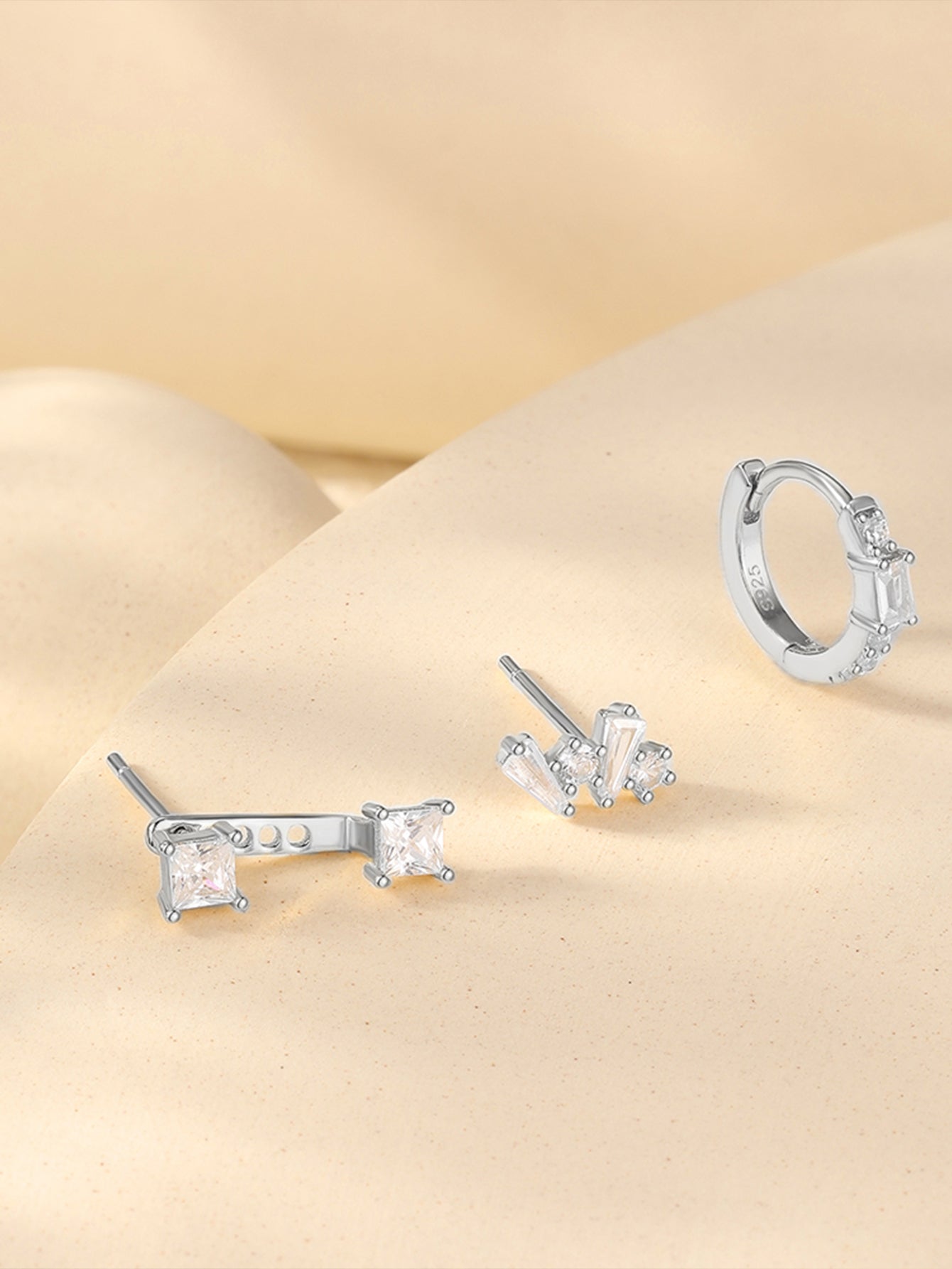 925 Sterling Silver Geometric Zircon Huggie Earring Set