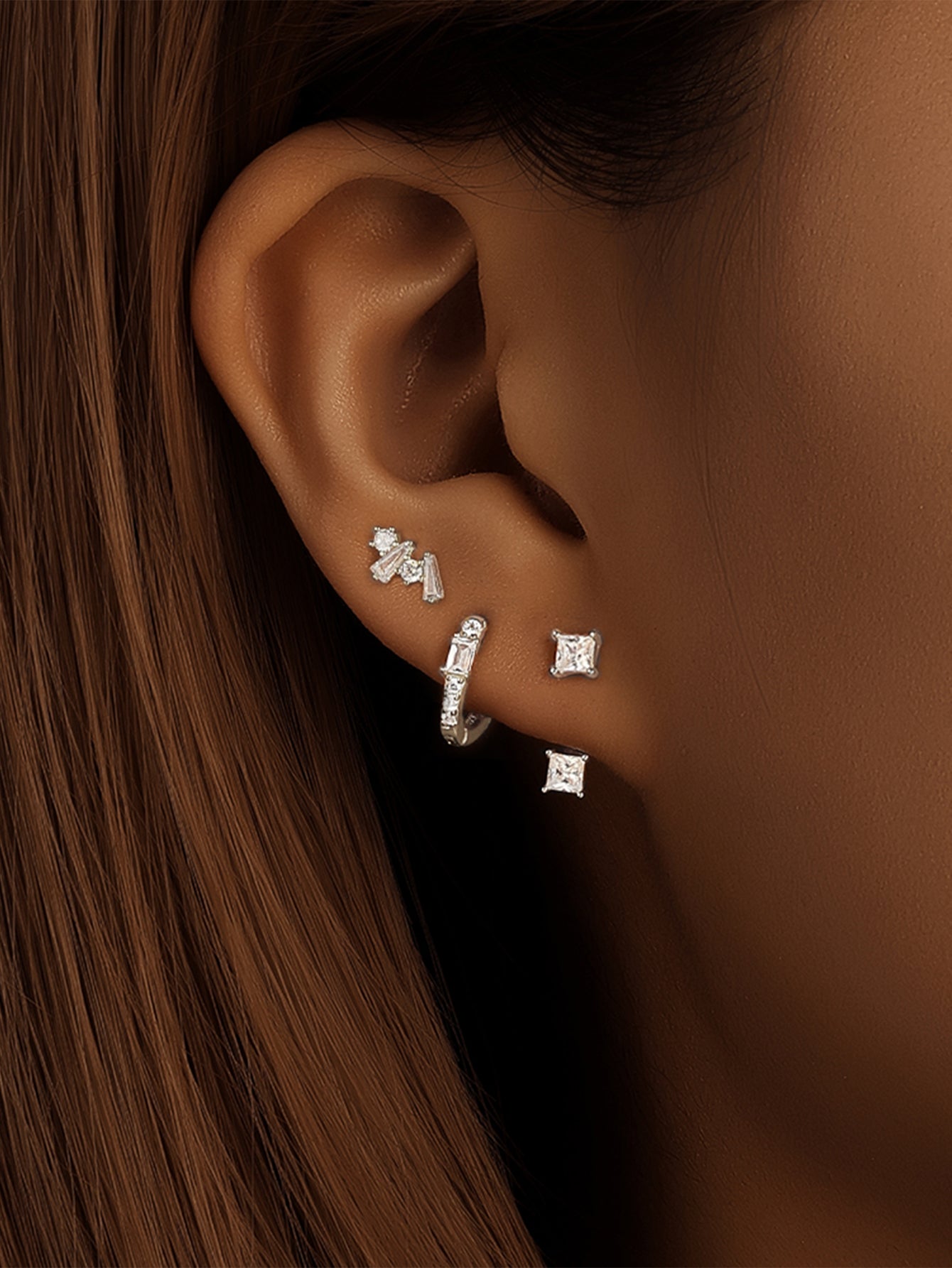 925 Sterling Silver Geometric Zircon Huggie Earring Set