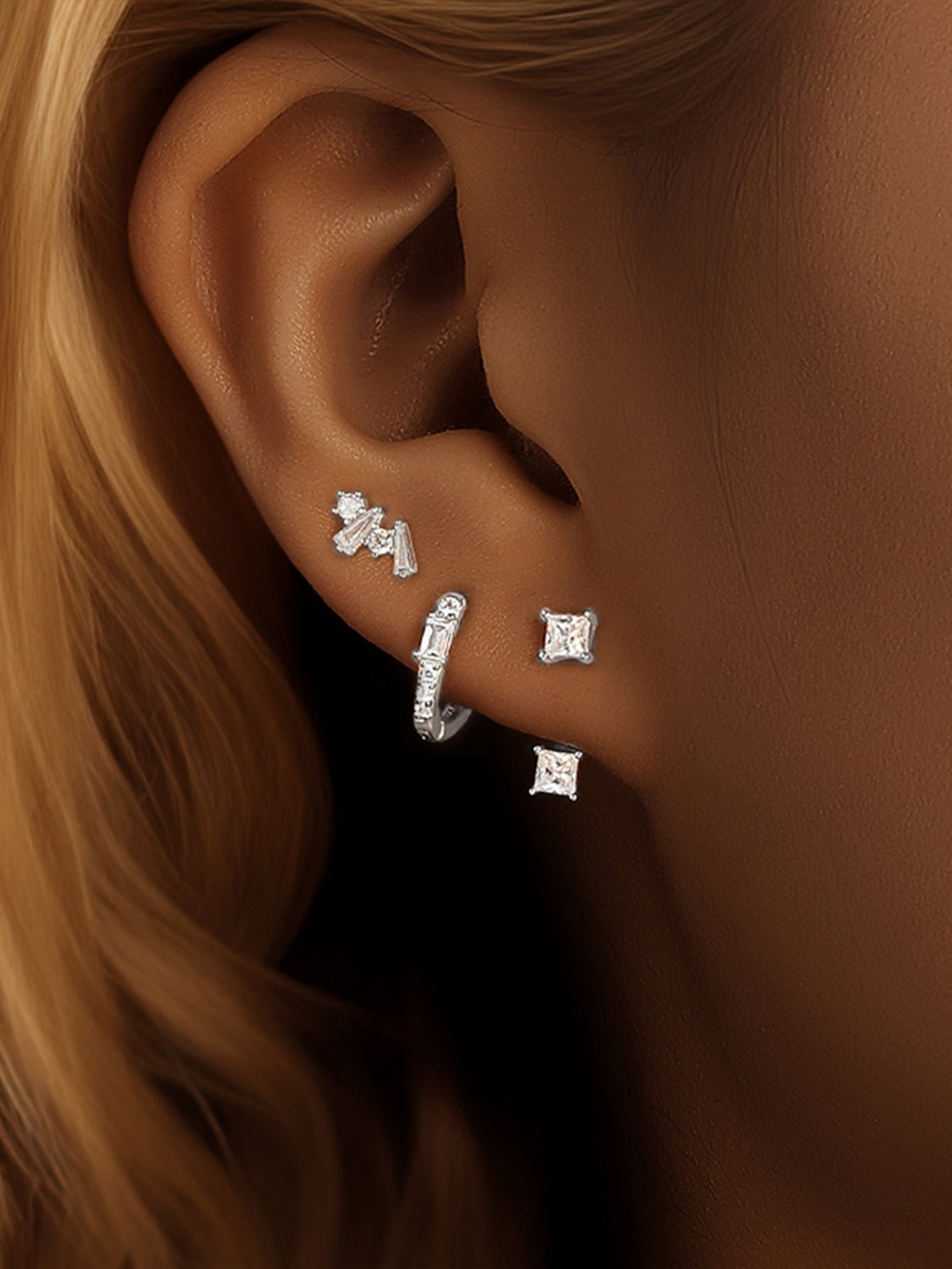 925 Sterling Silver Geometric Zircon Huggie Earring Set