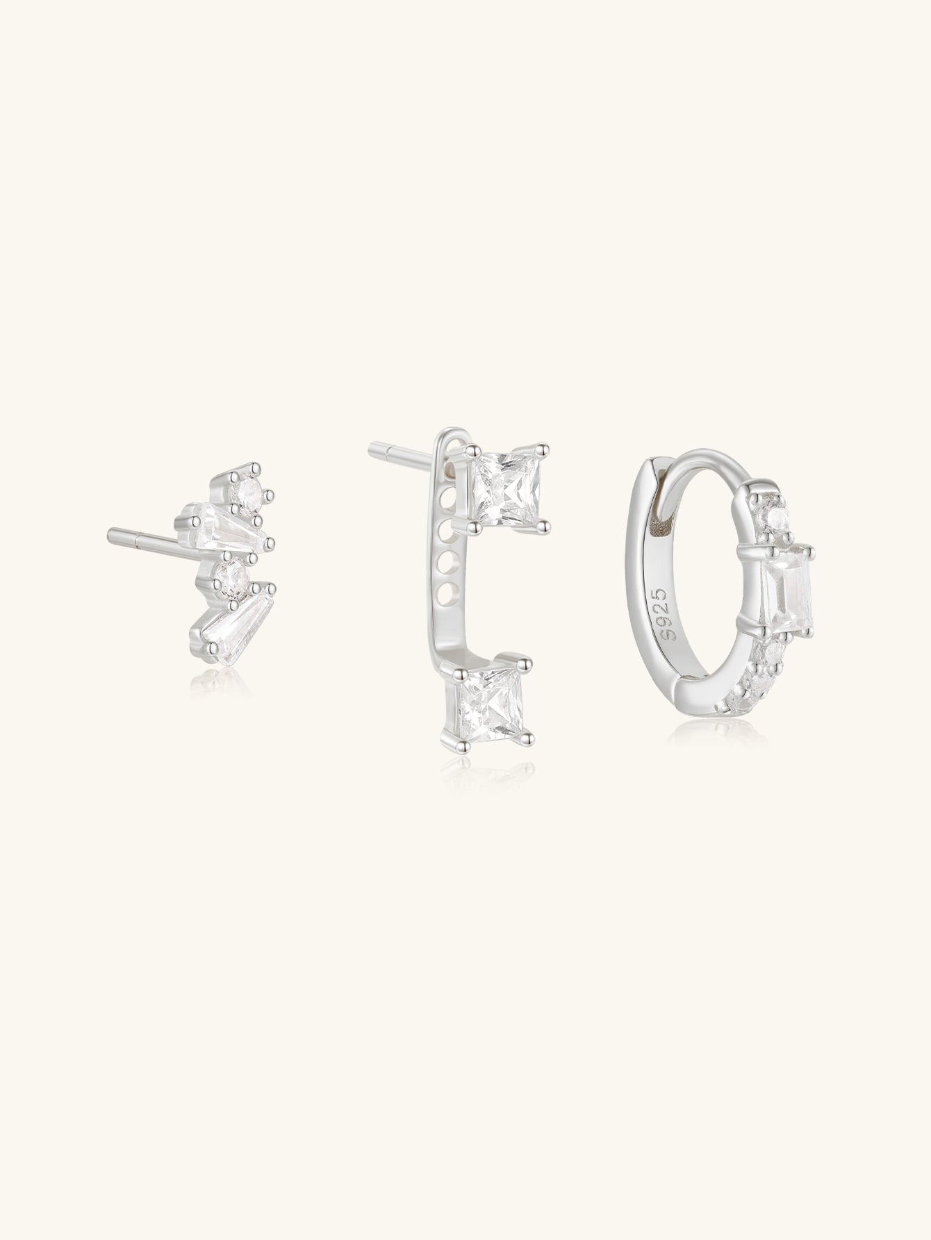 925 Sterling Silver Geometric Zircon Huggie Earring Set