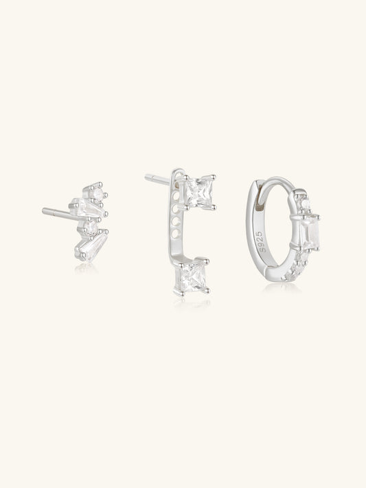 925 Sterling Silver Geometric Zircon Huggie Earring Set