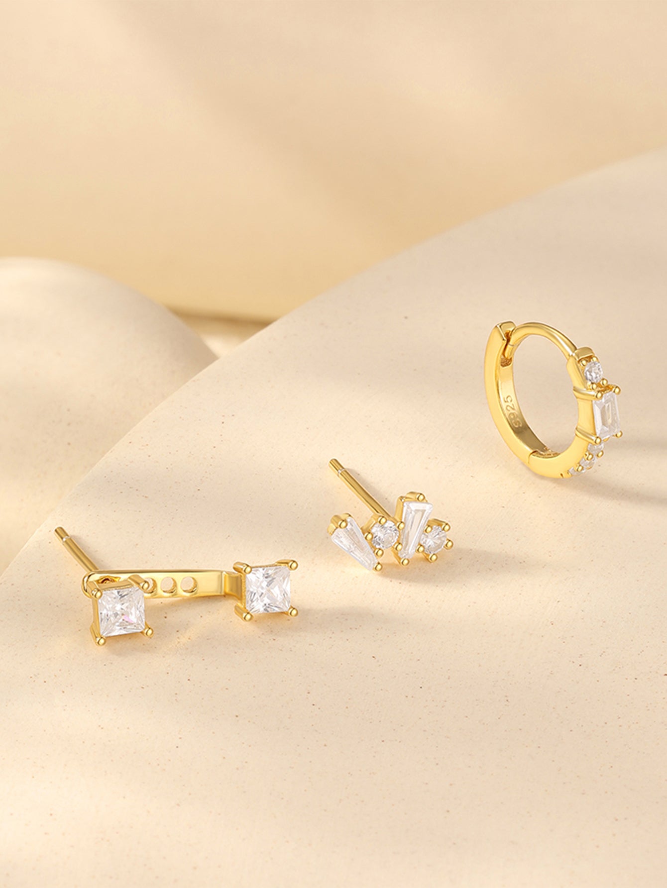 925 Sterling Silver Geometric Zircon Huggie Earring Set