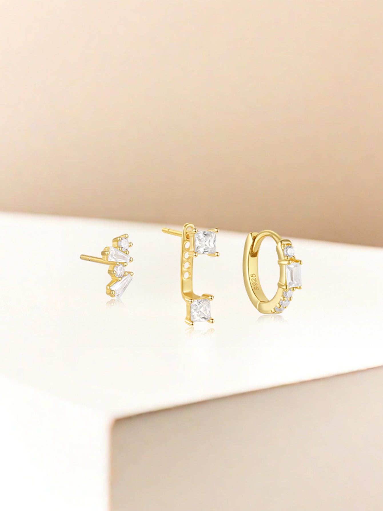 925 Sterling Silver Geometric Zircon Huggie Earring Set