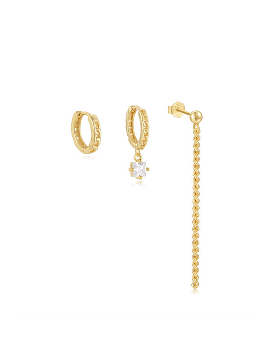 925 Sterling Silver Asymmetrical Chain & Zircon Hoop Earring Set