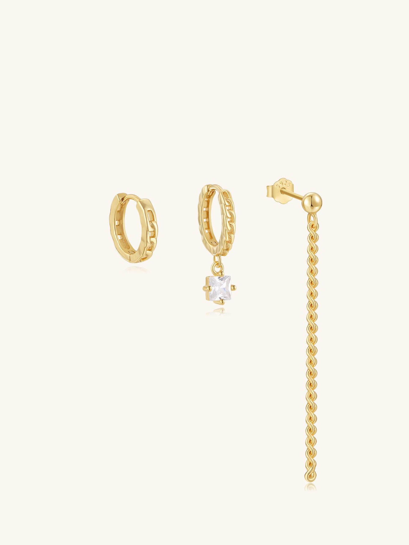 925 Sterling Silver Asymmetrical Chain & Zircon Hoop Earring Set