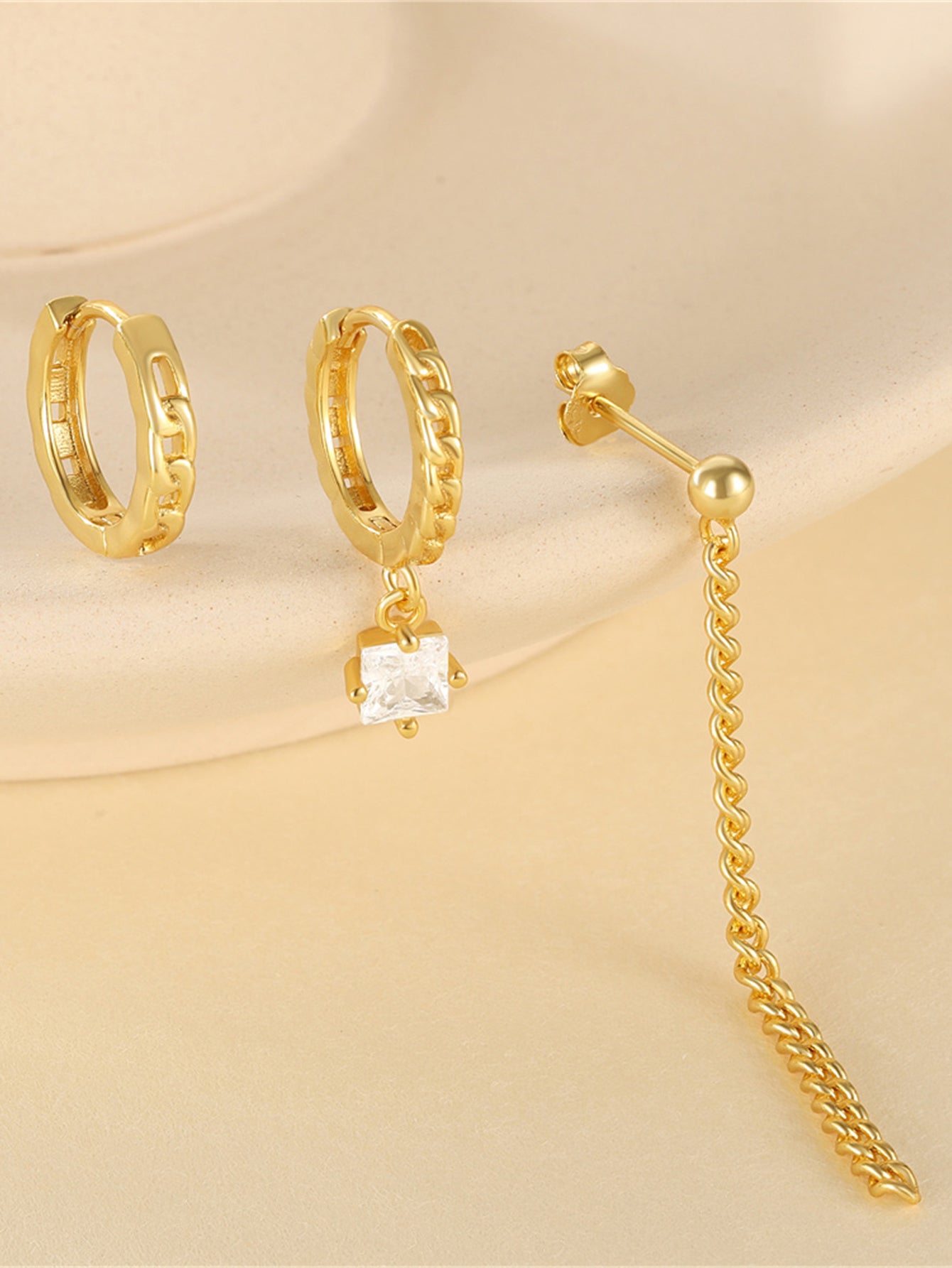 925 Sterling Silver Asymmetrical Chain & Zircon Hoop Earring Set