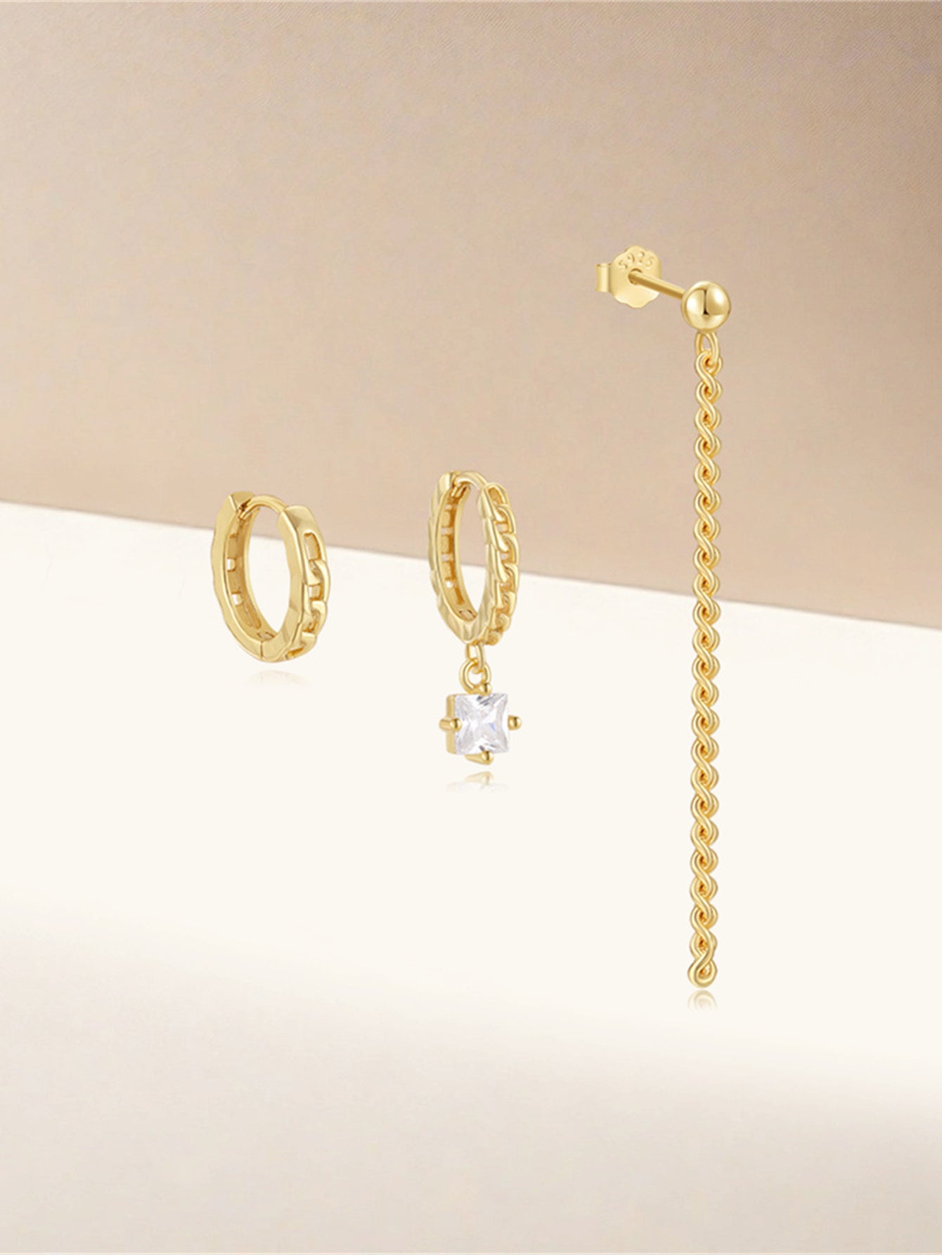925 Sterling Silver Asymmetrical Chain & Zircon Hoop Earring Set