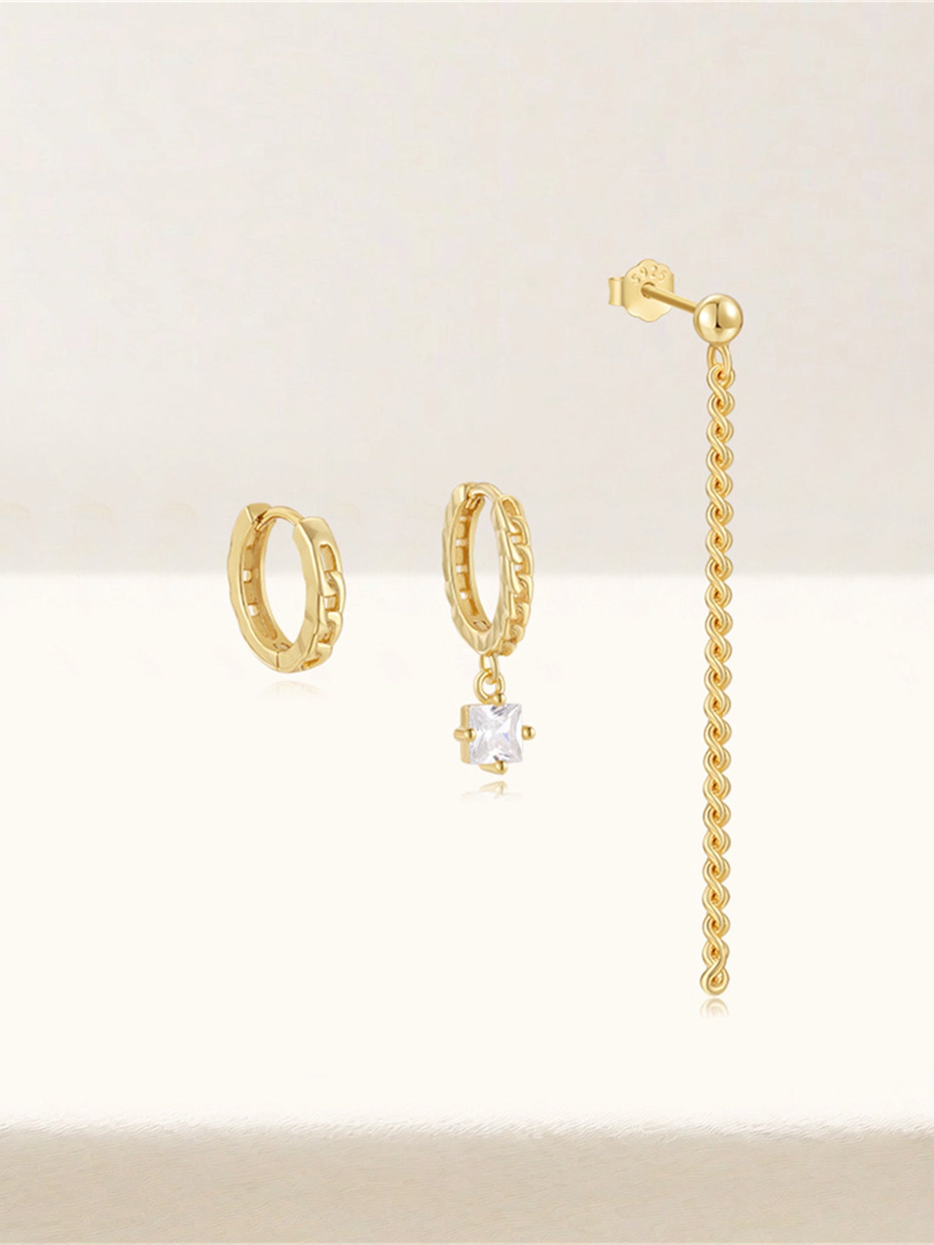 925 Sterling Silver Asymmetrical Chain & Zircon Hoop Earring Set