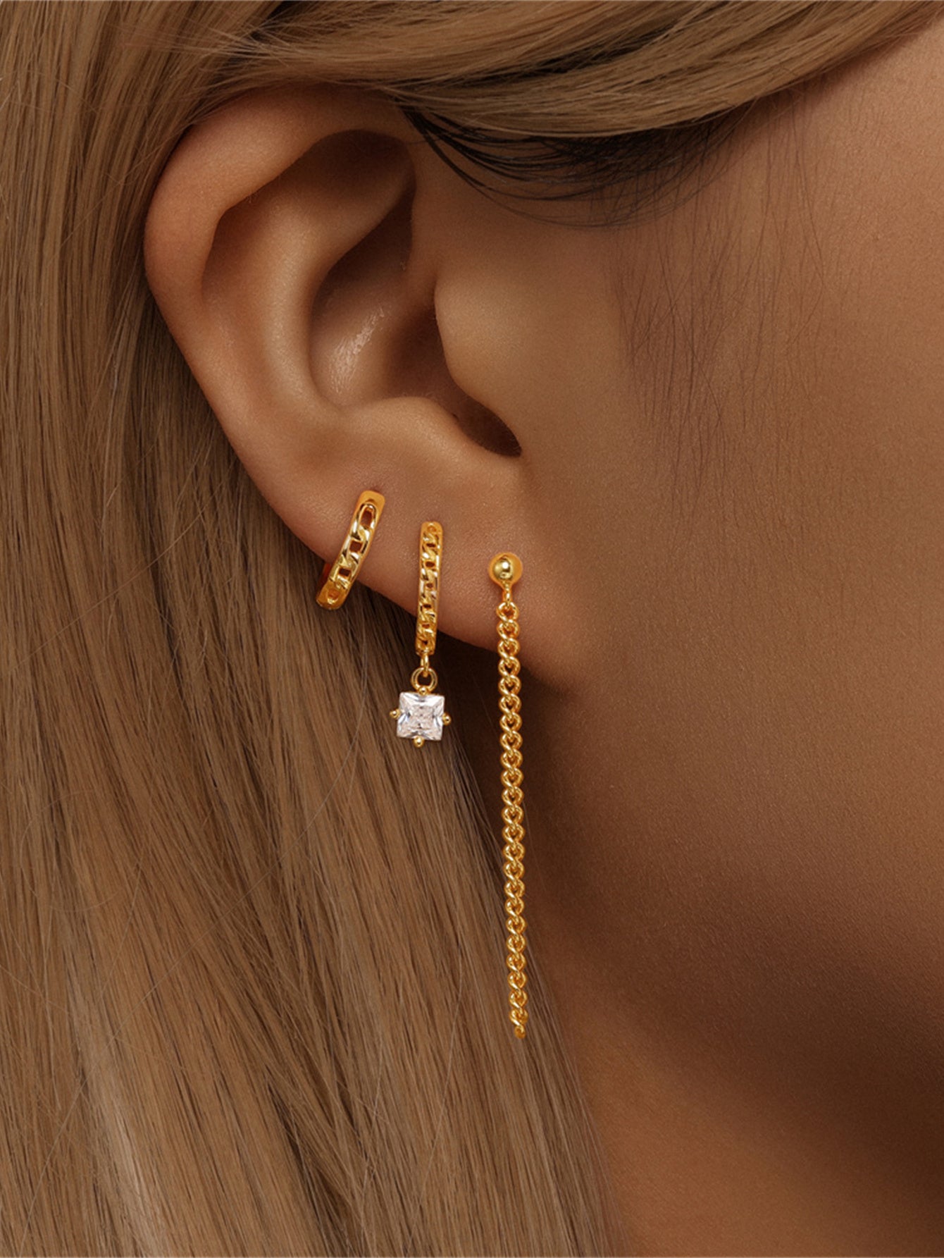 925 Sterling Silver Asymmetrical Chain & Zircon Hoop Earring Set