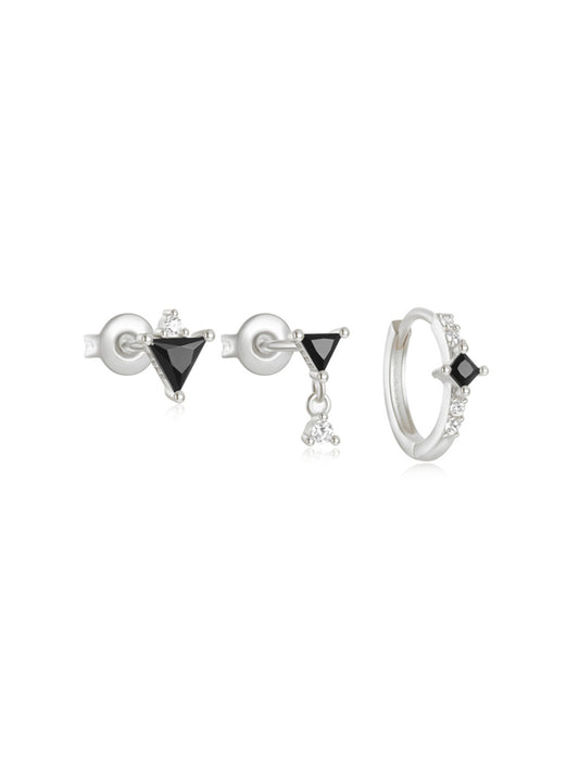 925 Sterling Silver Black Triangle Zircon Earring Set