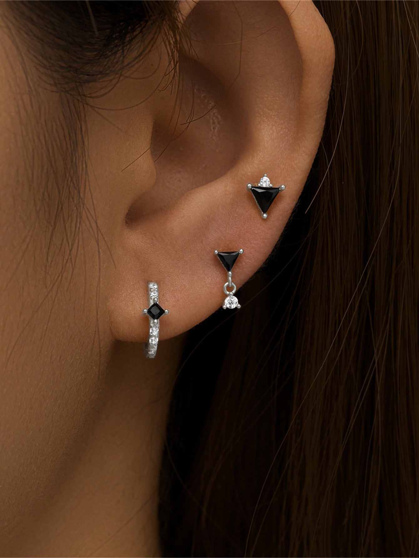 925 Sterling Silver Black Triangle Zircon Earring Set