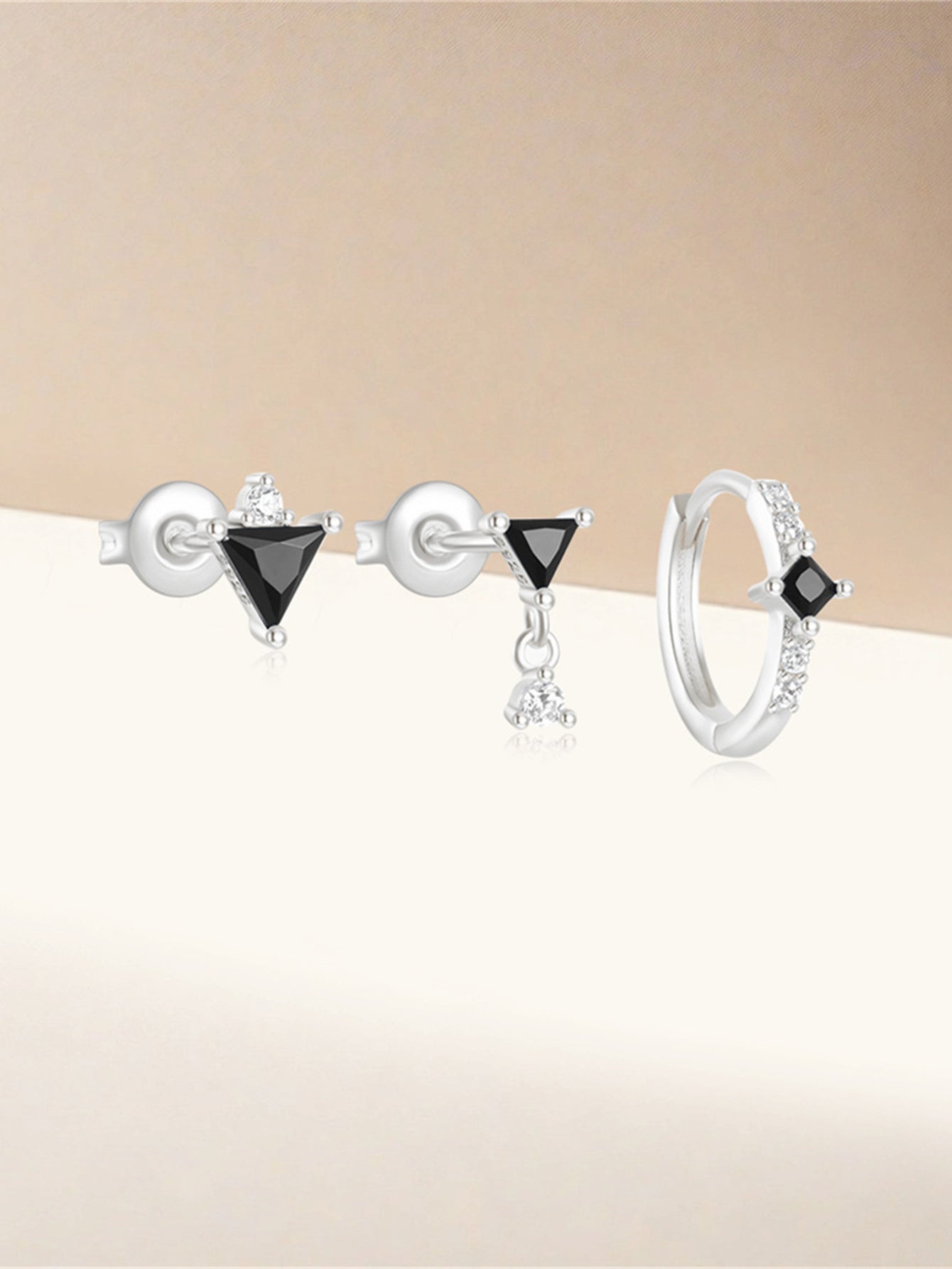 925 Sterling Silver Black Triangle Zircon Earring Set