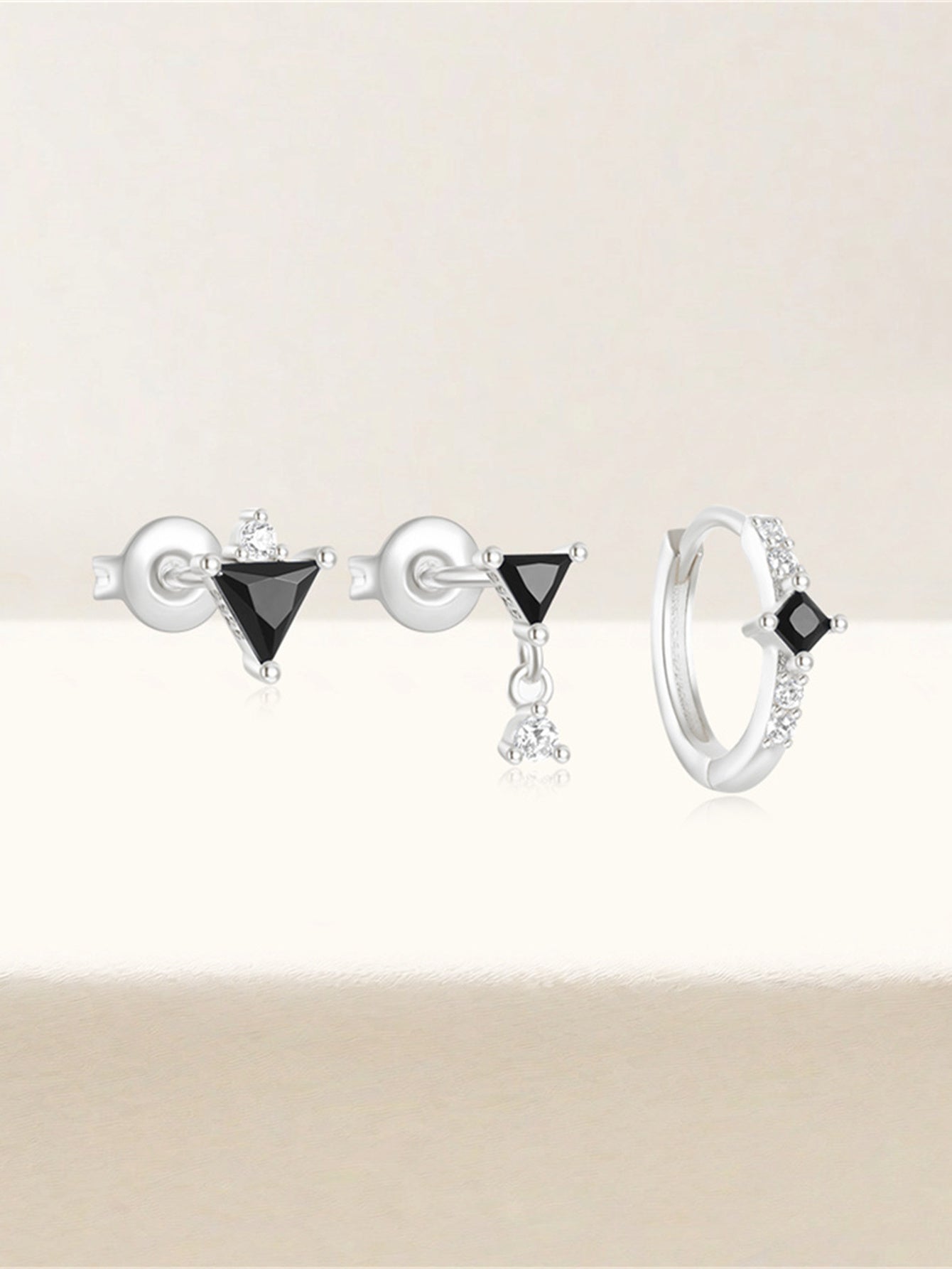 925 Sterling Silver Black Triangle Zircon Earring Set