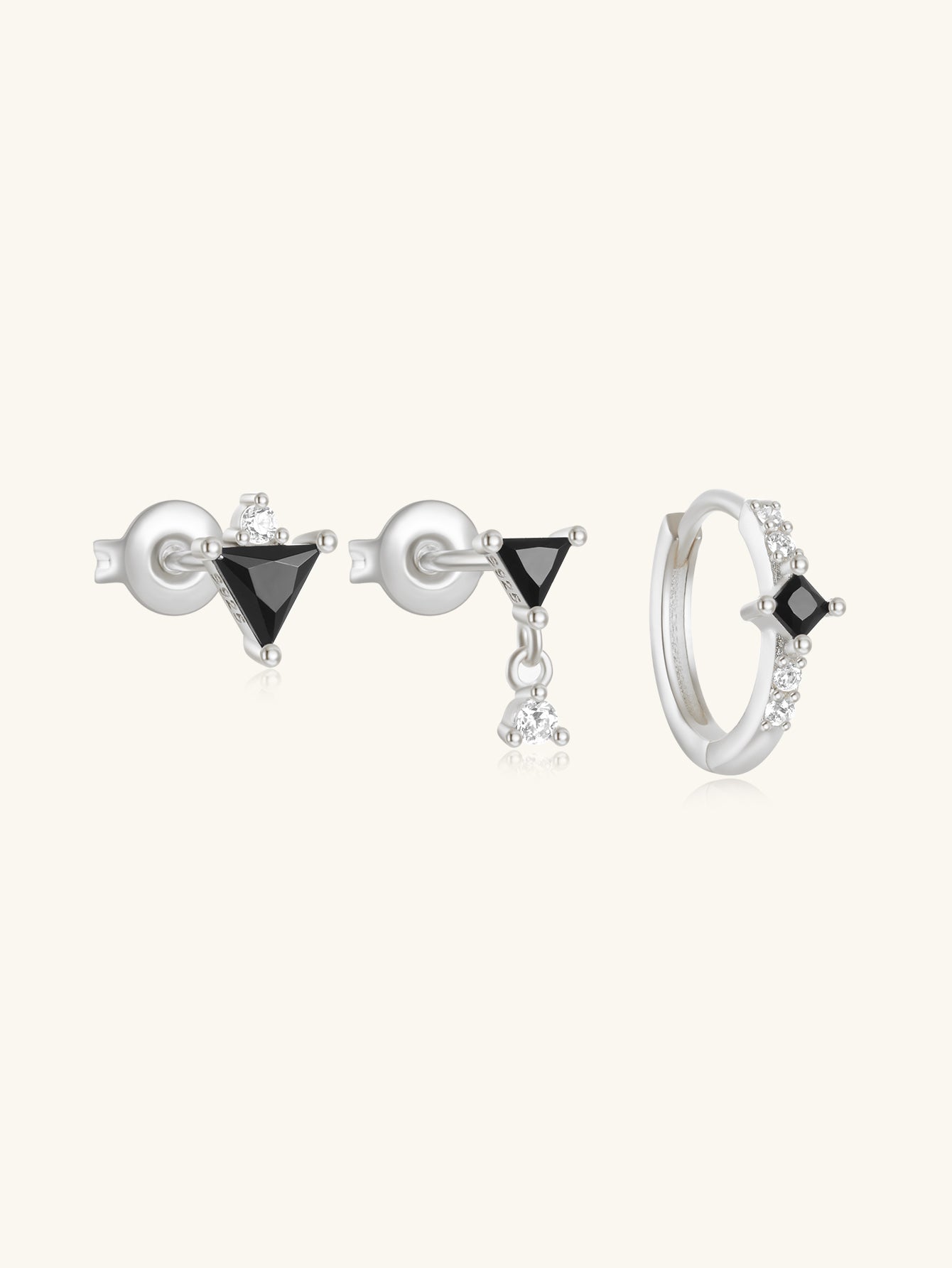 925 Sterling Silver Black Triangle Zircon Earring Set