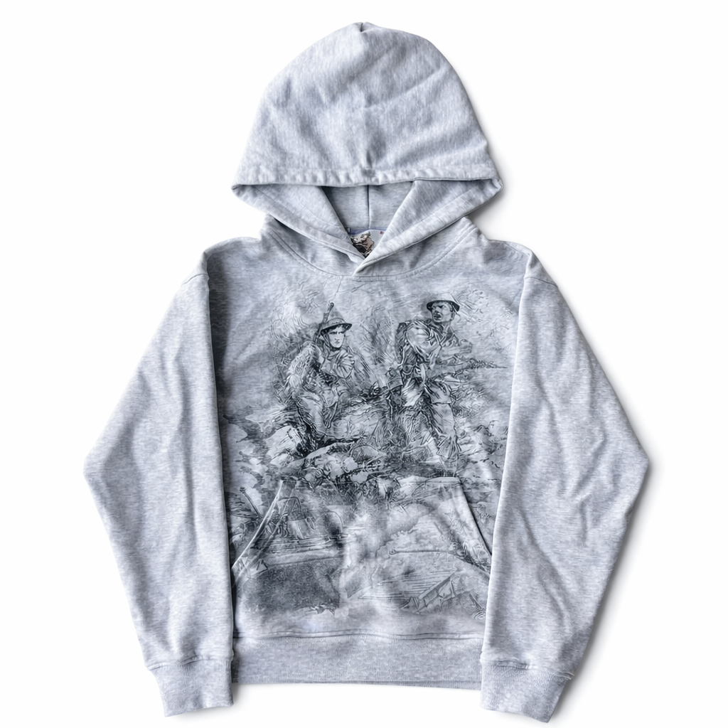 Vintage War Sketch Hoodie – Washed Graphic Streetwear Pullover (Unisex)