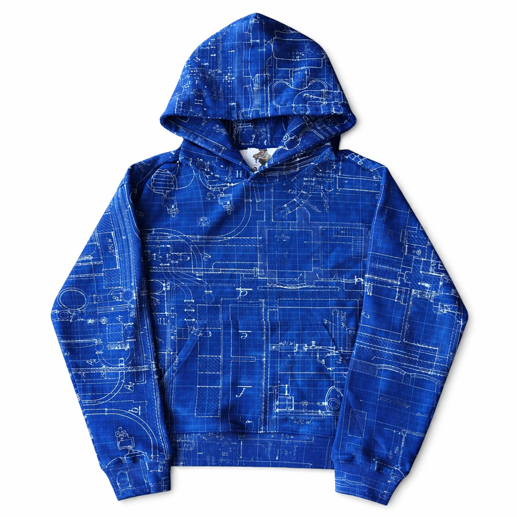 Blueprint Graphic Hoodie – Tech Sketch Streetwear Pullover (Unisex)