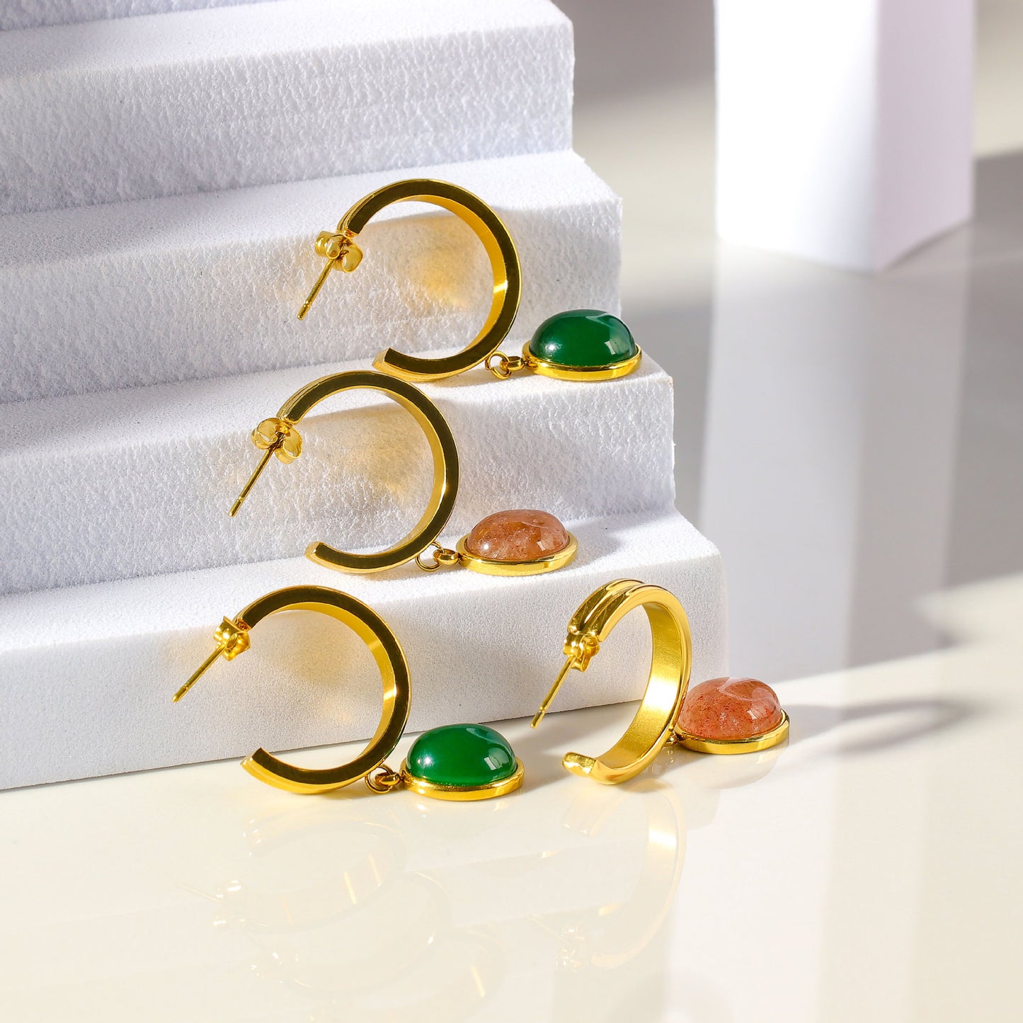 Titanium Steel Orange & Green Agate Stud