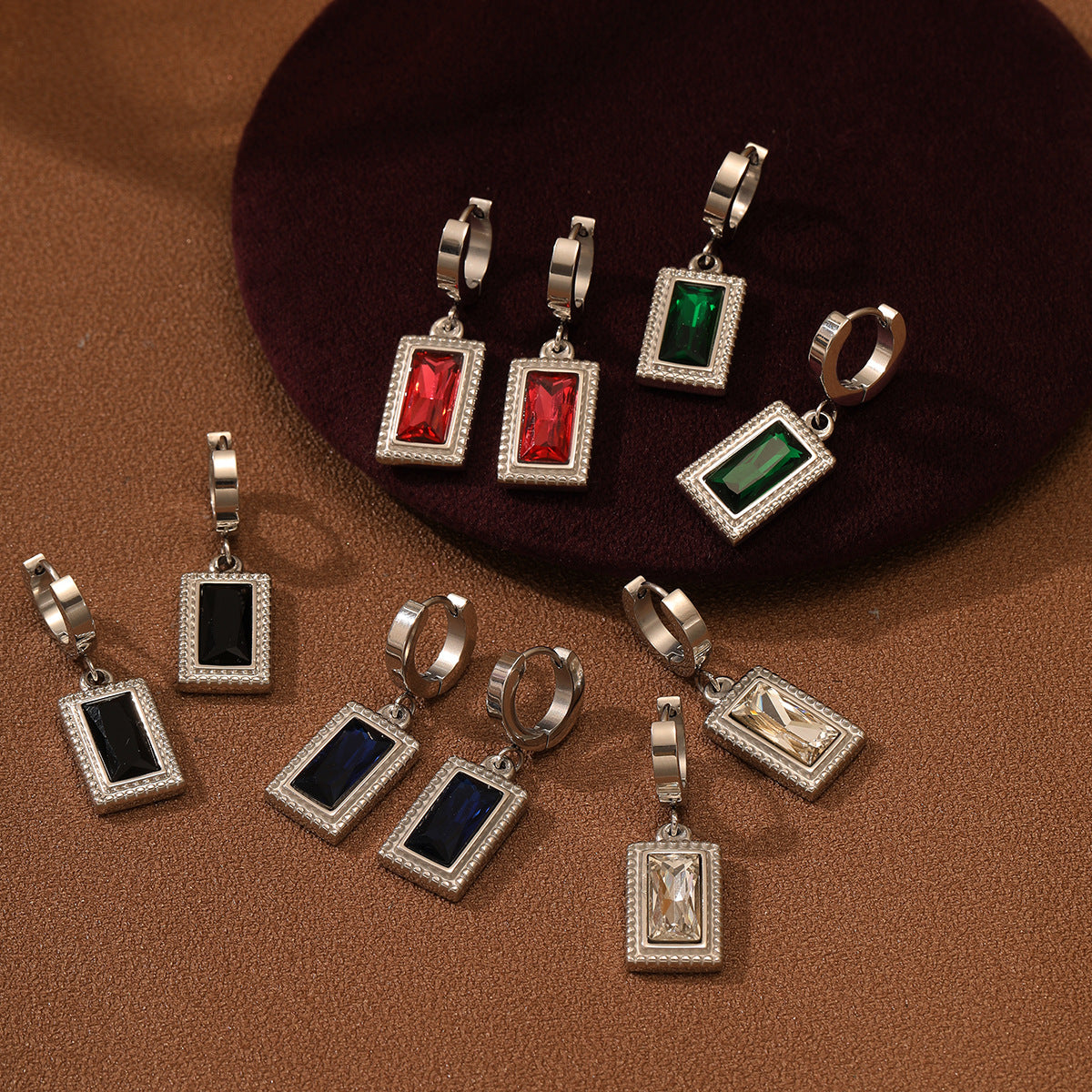 Titanium Steel Rectangular Zircon Drop Hoop Earrings