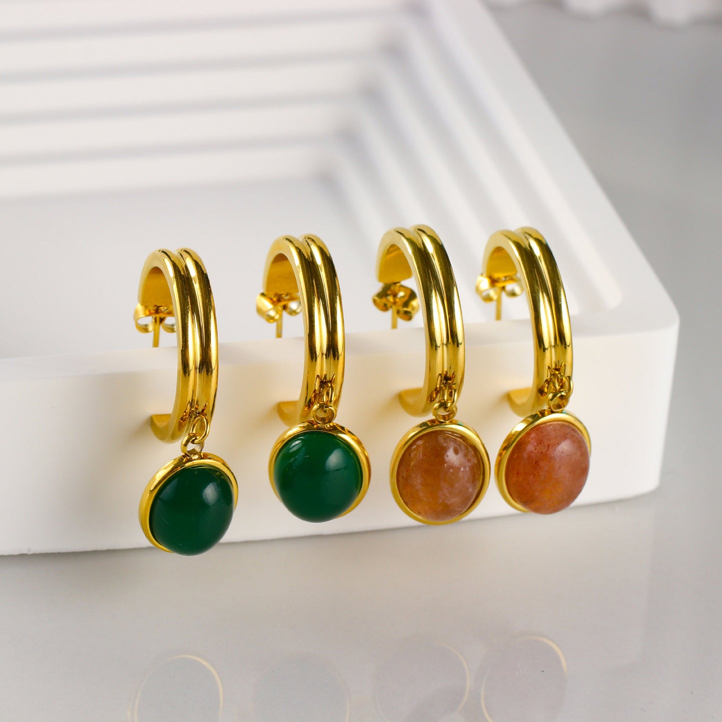 Titanium Steel Orange & Green Agate Stud