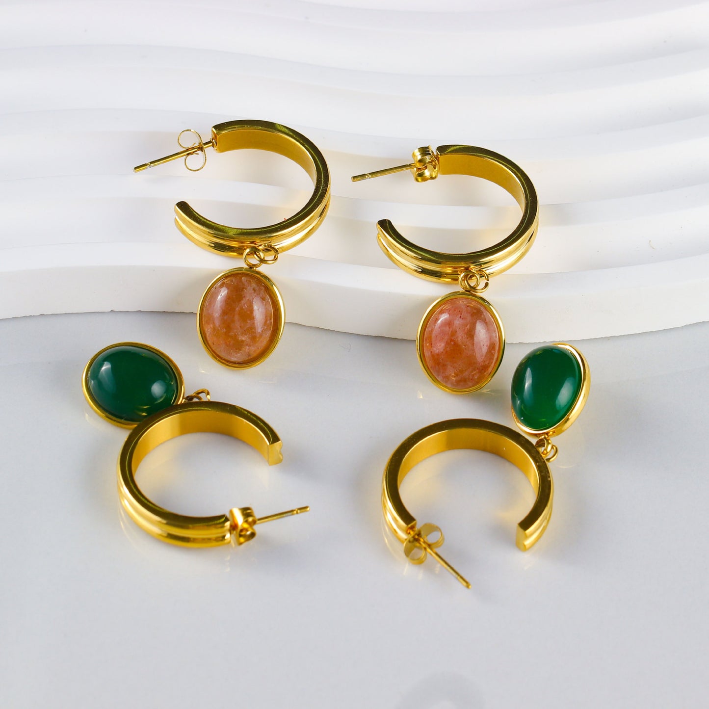 Titanium Steel Orange & Green Agate Stud