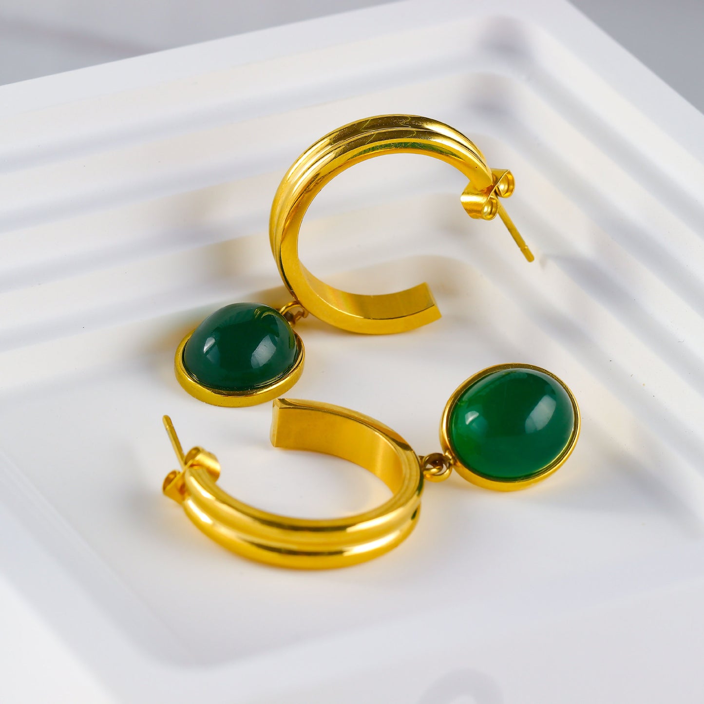 Titanium Steel Orange & Green Agate Stud