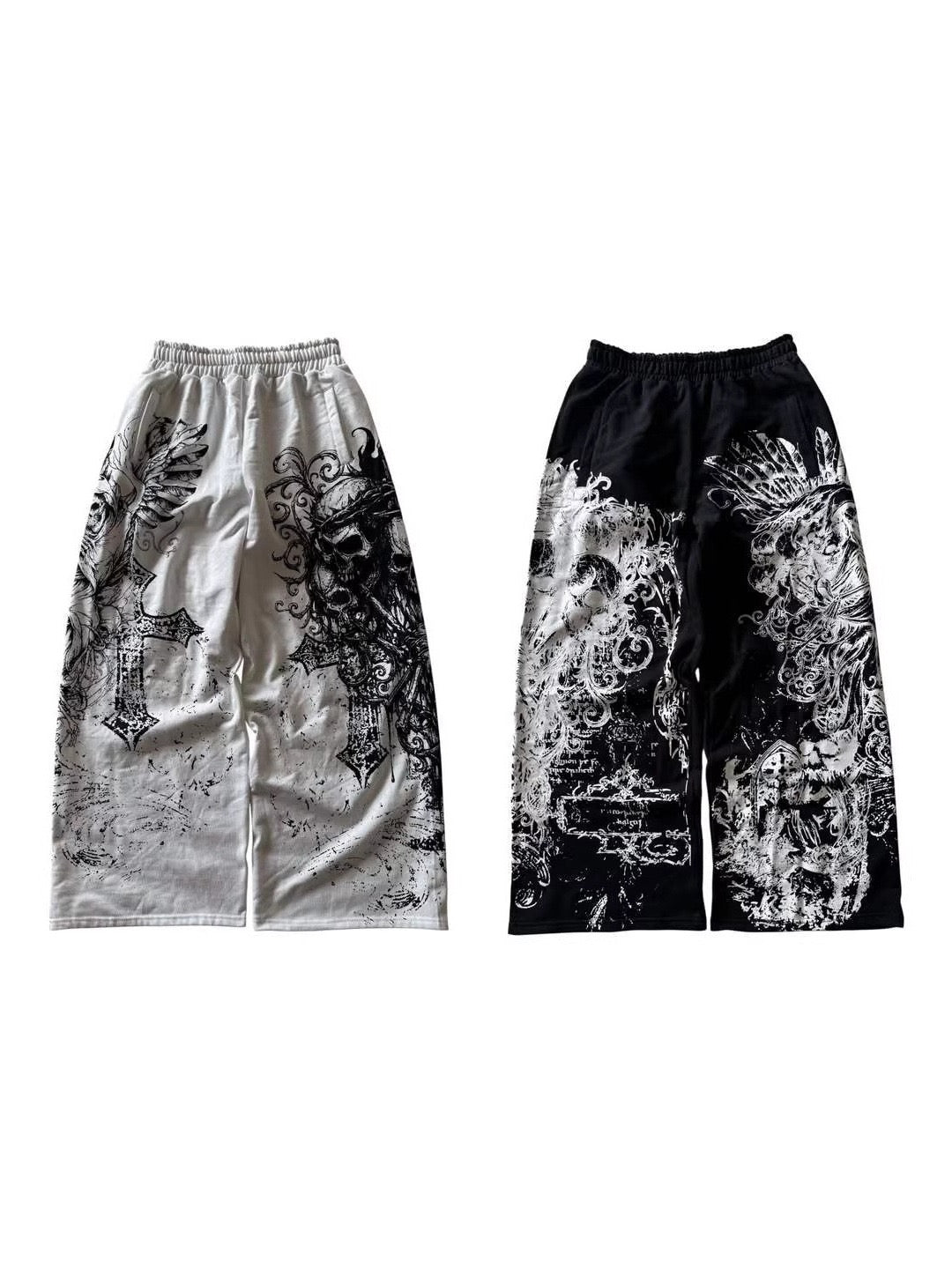 Gothic Skull Cross Wide-Leg Pants