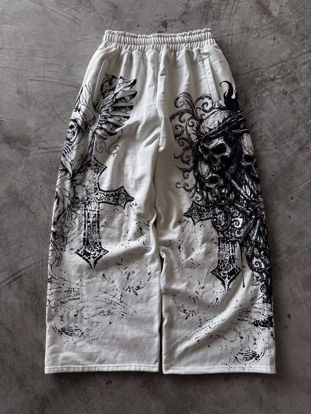 Gothic Skull Cross Wide-Leg Pants