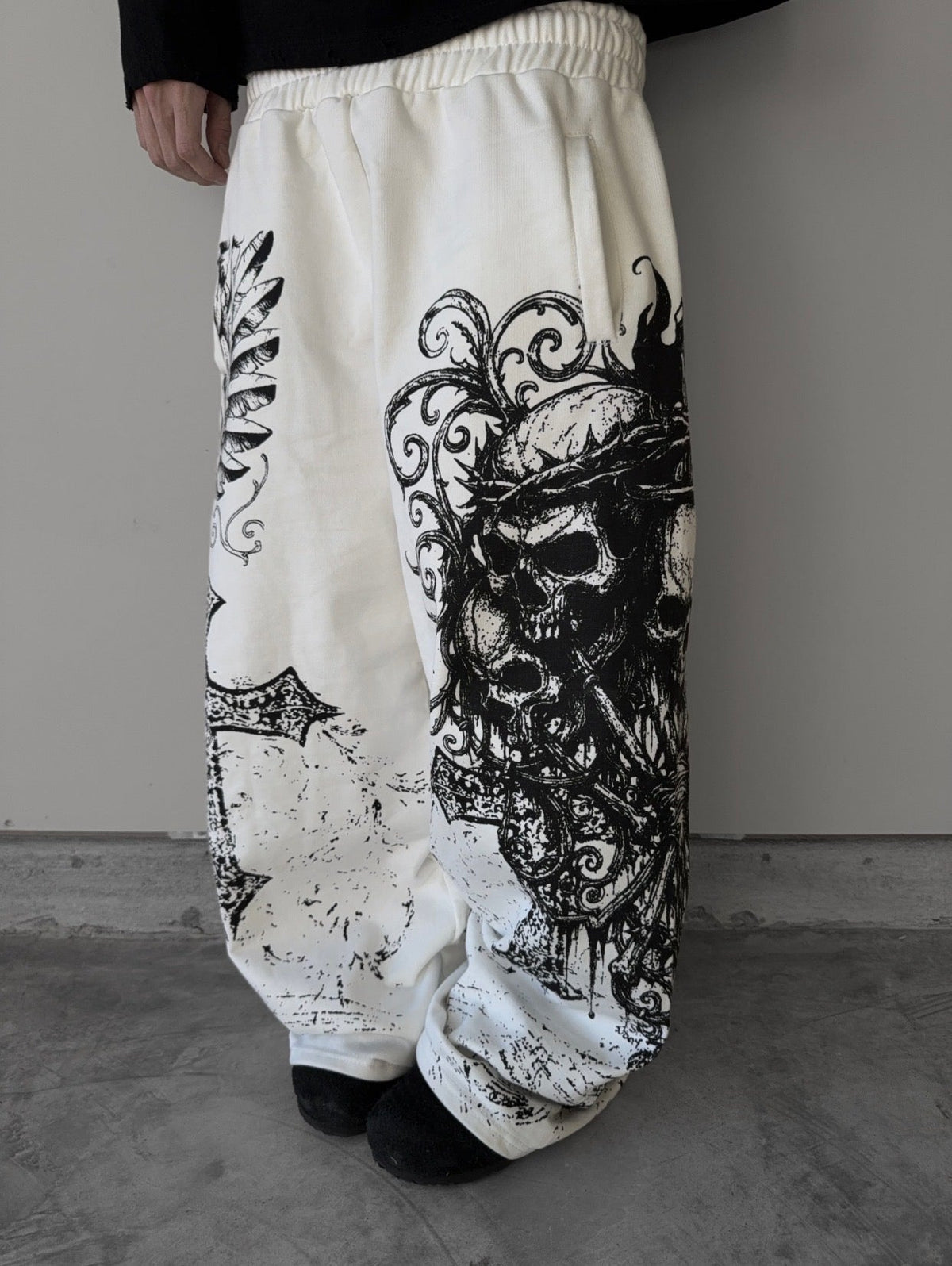 Gothic Skull Cross Wide-Leg Pants