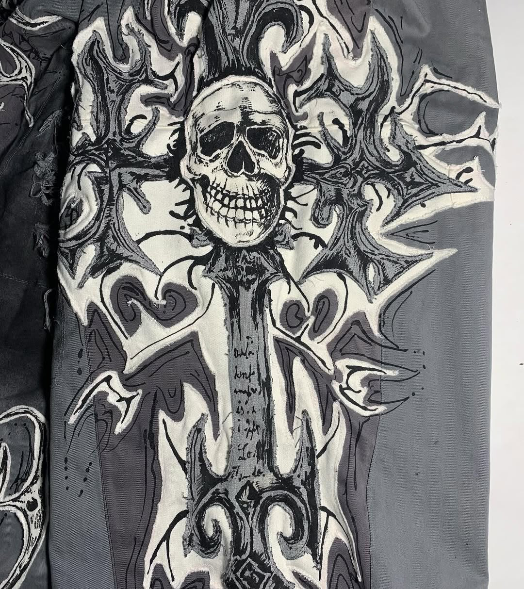 Y2K Distressed Skull Cross Baggy Pants