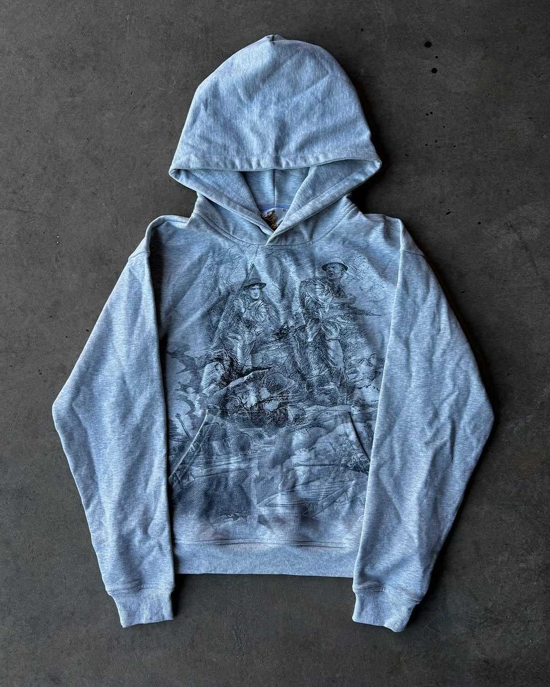 Vintage War Sketch Hoodie – Washed Graphic Streetwear Pullover (Unisex)