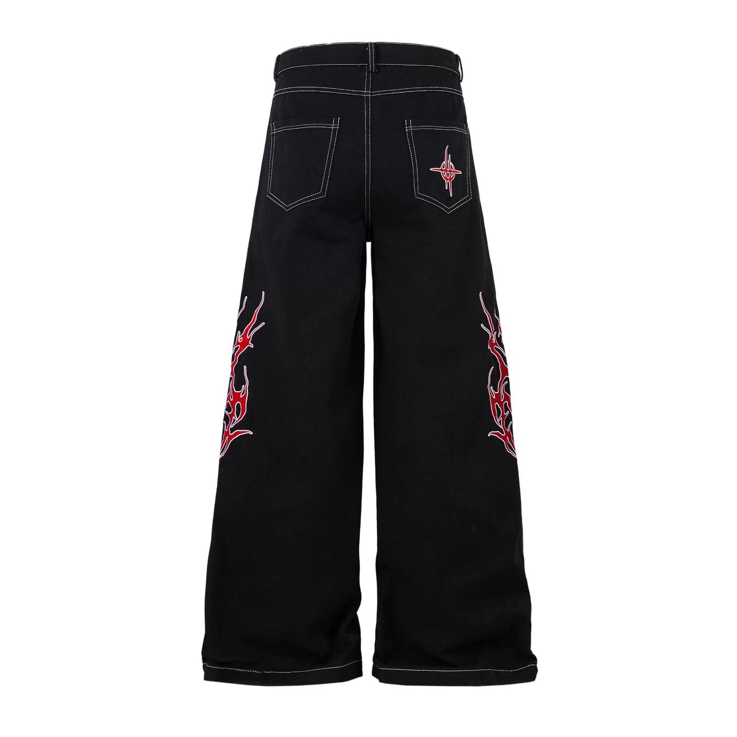 Embroidered Jeans with Tribal Flame Design