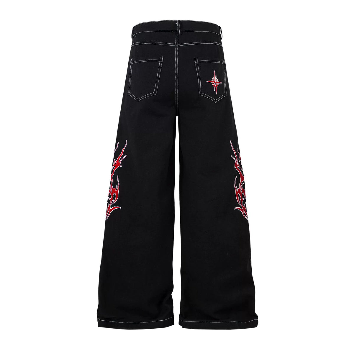 Embroidered Jeans with Tribal Flame Design