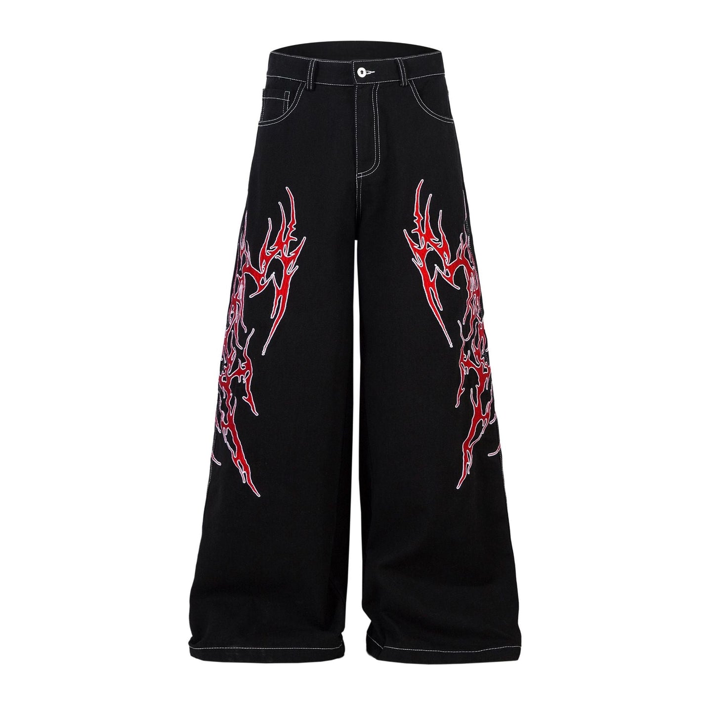 Embroidered Jeans with Tribal Flame Design
