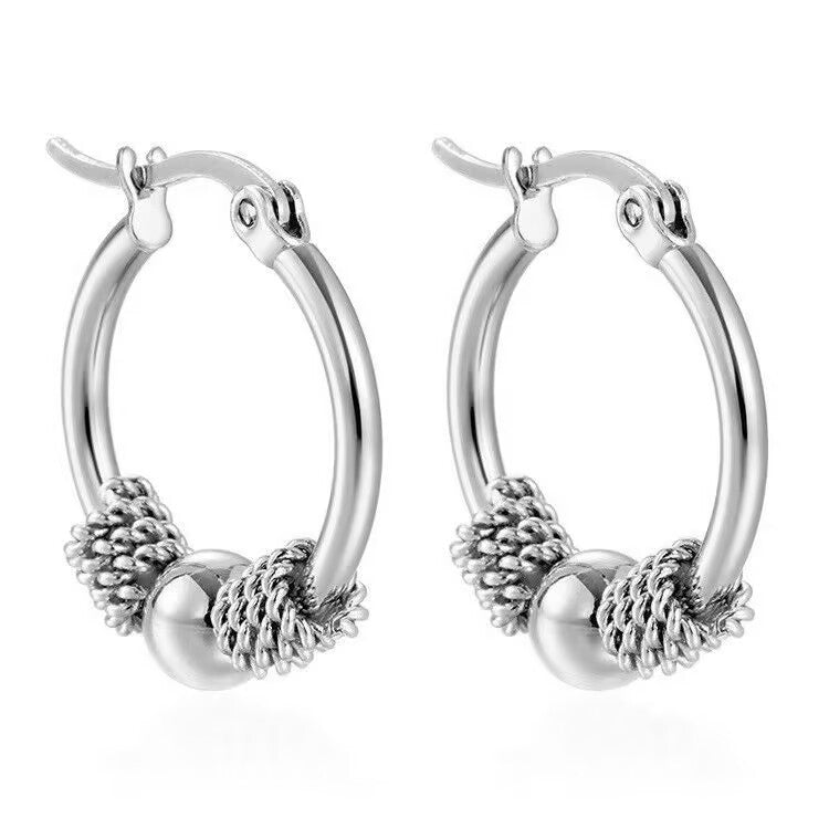 Vintage Titanium Beaded Ball Hoop Earrings