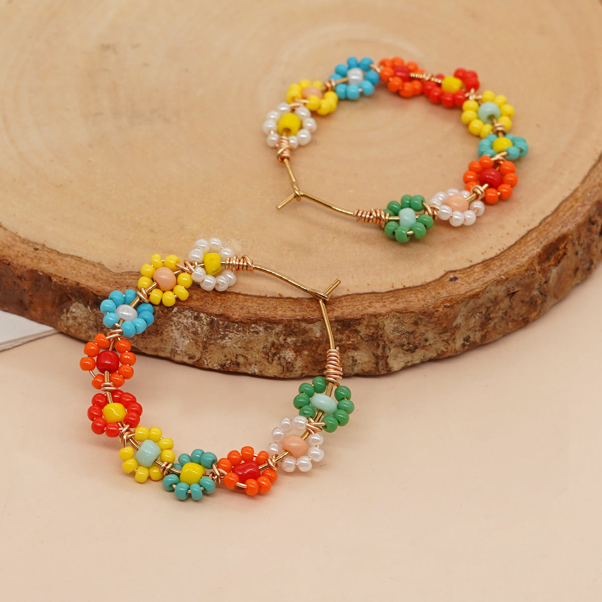 Handmade Multicolor Floral Beaded Hoop Earrings