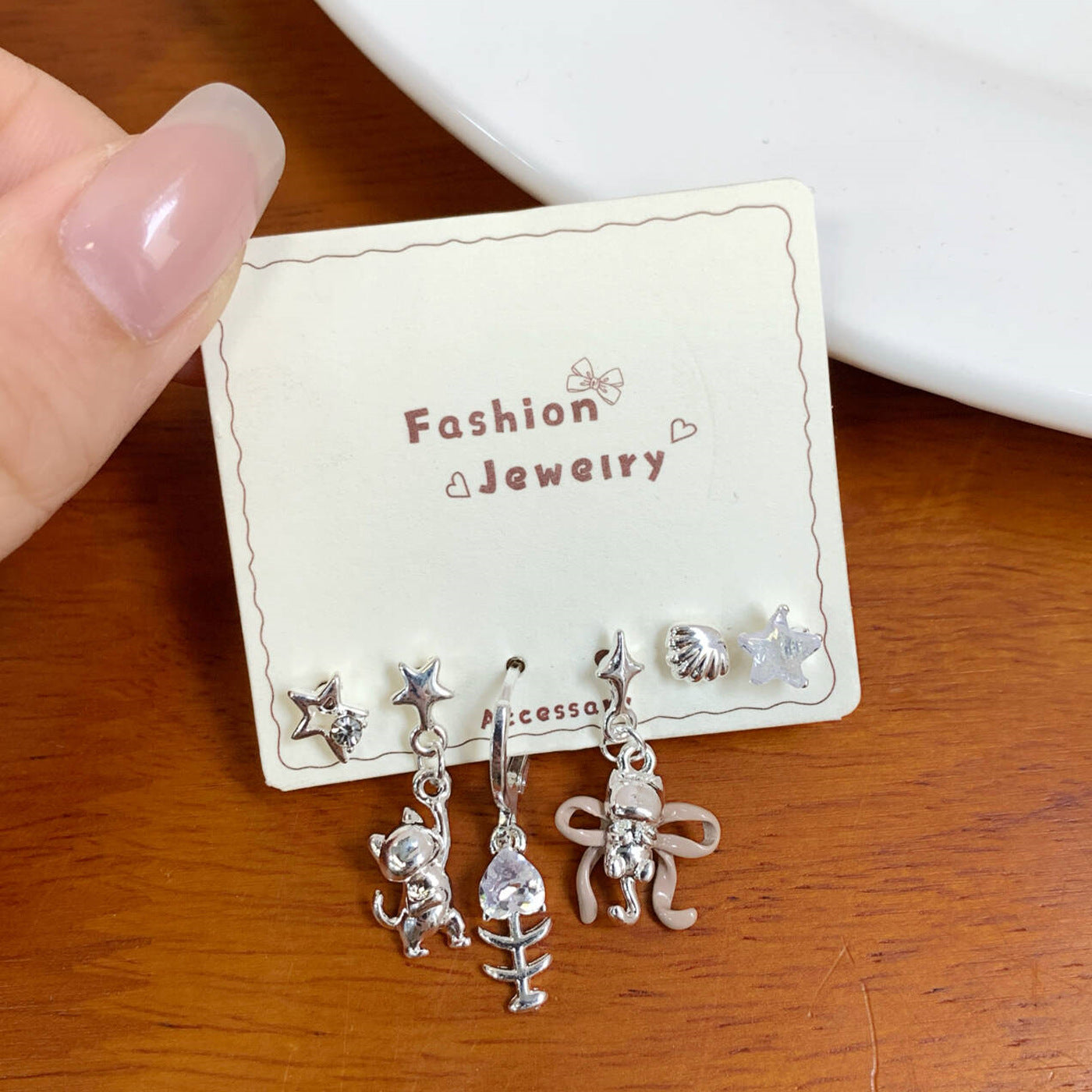 925 Sterling Silver Sweet Cat Bow Zircon Star Earrings Set
